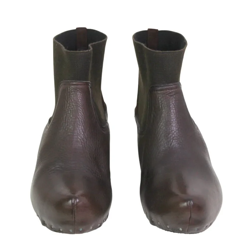 Vialis BROWN GENUINE LEATHER ELASTIC POINTED TOE WEDGE STUDS ANKLE BOOTS Sz 8